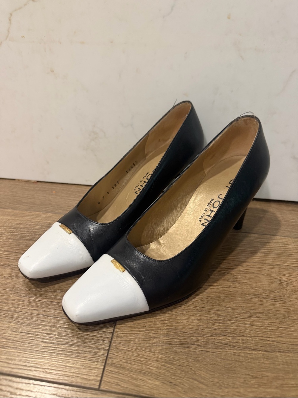 Vintage St. John Black and White Leather Kitten Heel Pumps with Gold Accent, 7